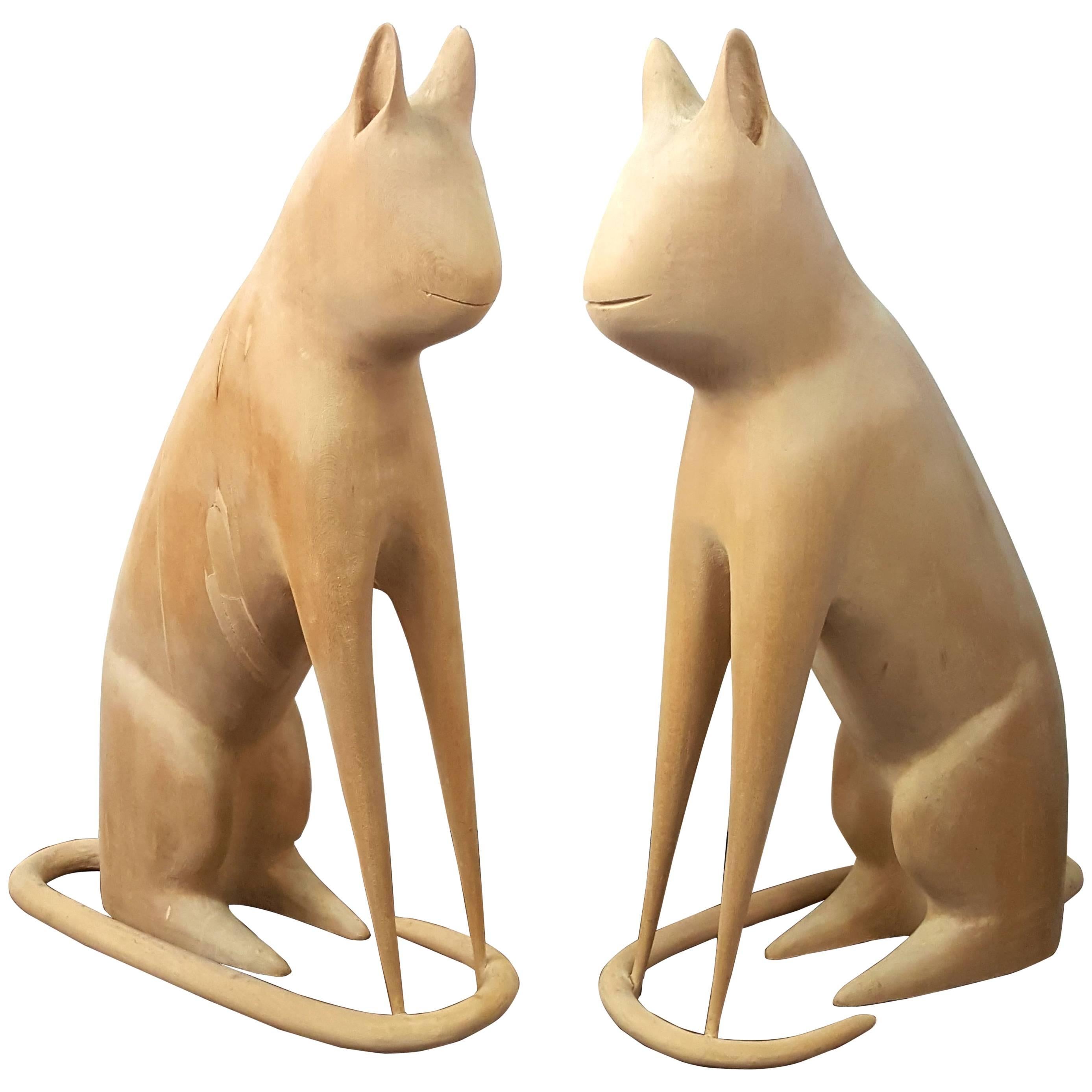 Matched Pair of Cat Carvings by Linvel Barker, Kentucky