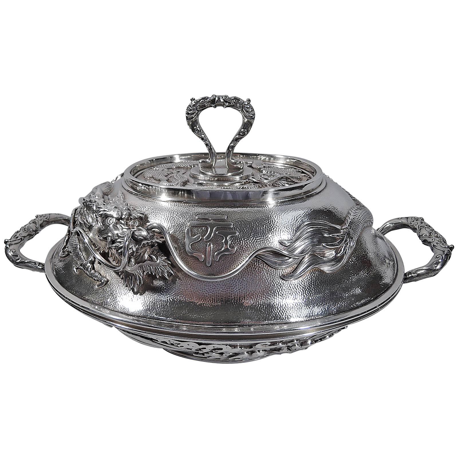 Large Japanese Sterling Silver Covered Dragon Tureen by Arthur & Bond