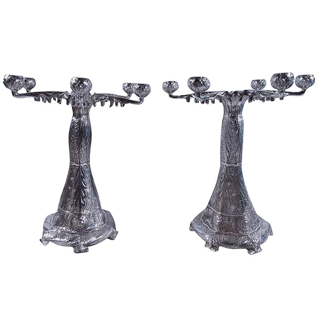 Pair of Tiffany Sterling Silver Aesthetic Style Six-Light Candelabra