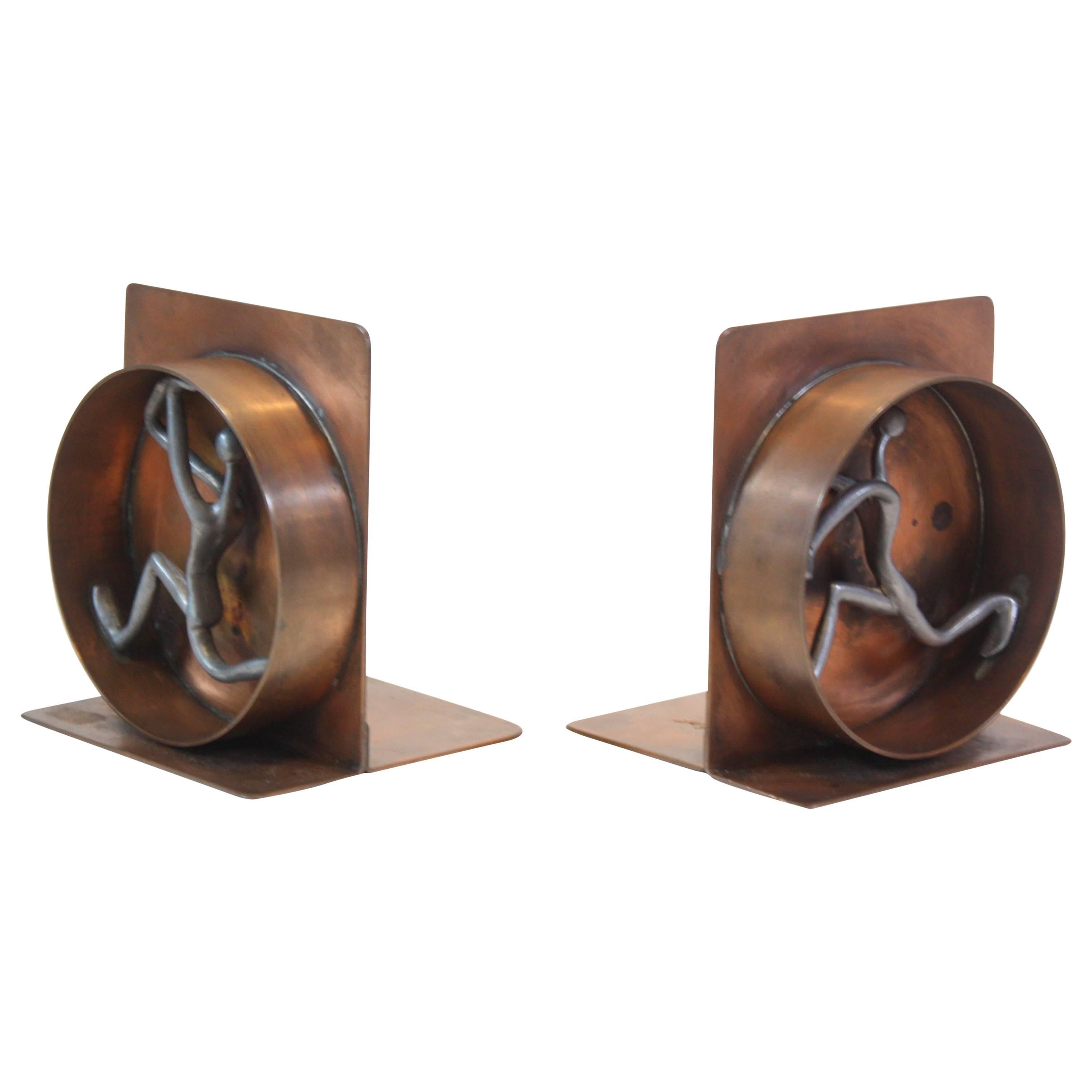 Mid-Century Modern Copper and Pewter Bookends Signed Nelson
