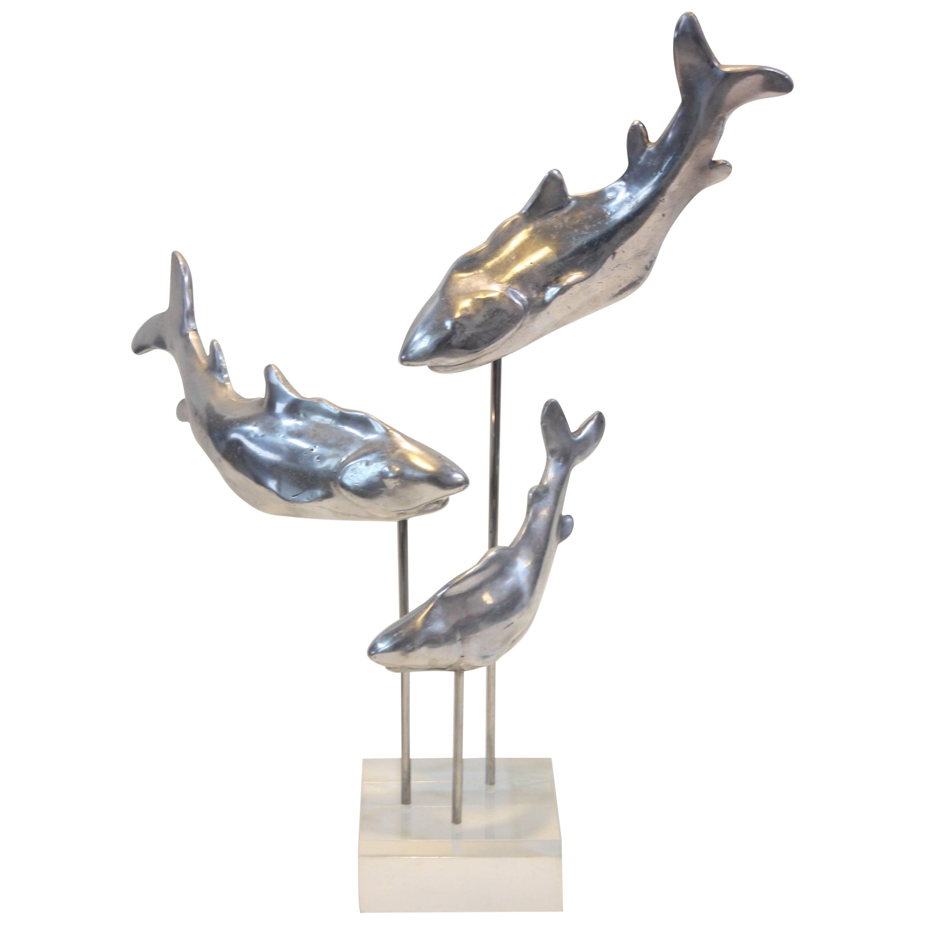 Aluminium and Lucite Trio of Sharks Sculpture