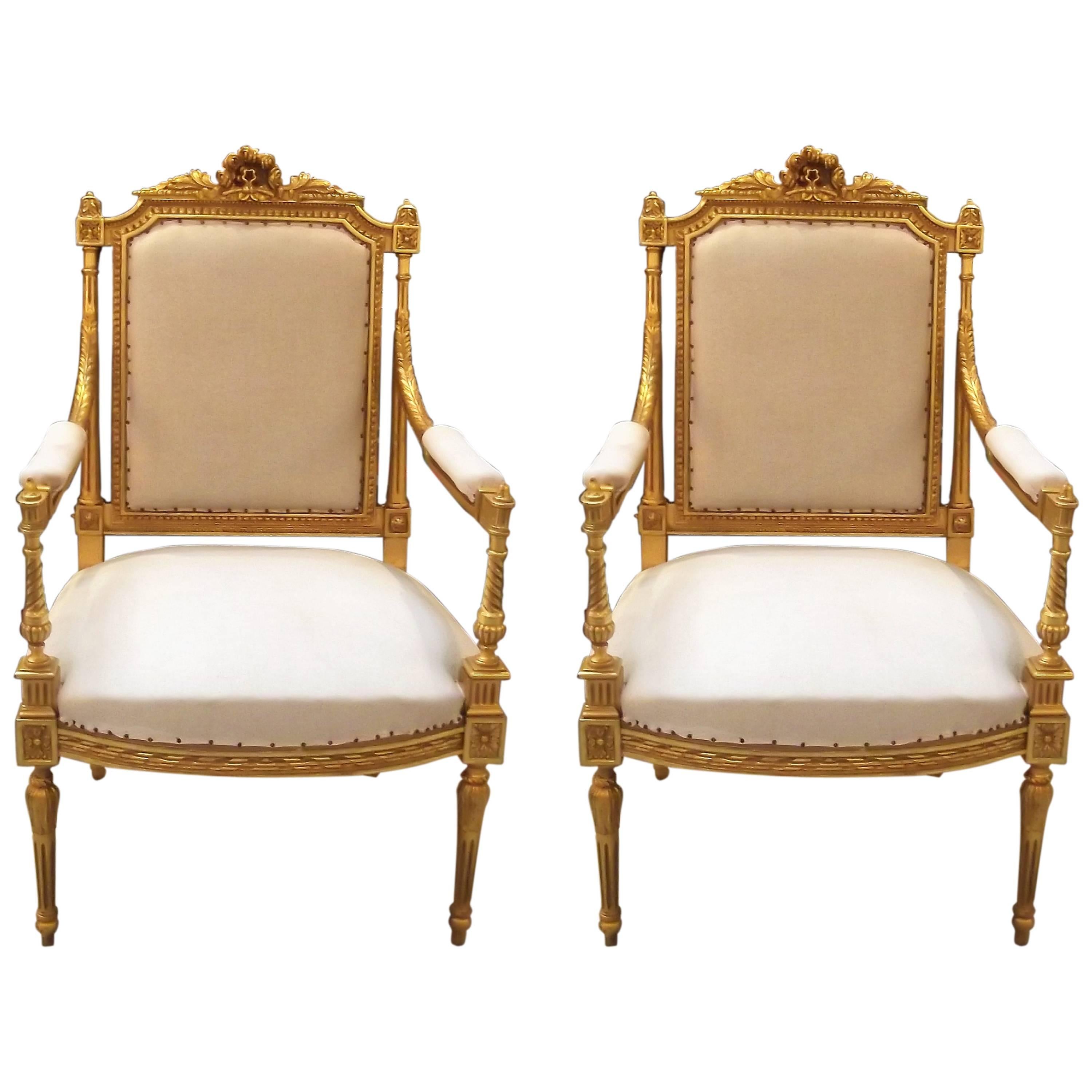 Pair of Louis XVI Style Giltwood Chairs