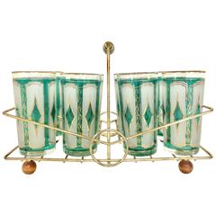 Vintage 1950
S Emerald Frosted 22-Karat High Ball Glasses and Caddie S/9