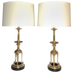 Pair of Tall Brass Japanese Asian Candlestick Table Lamps