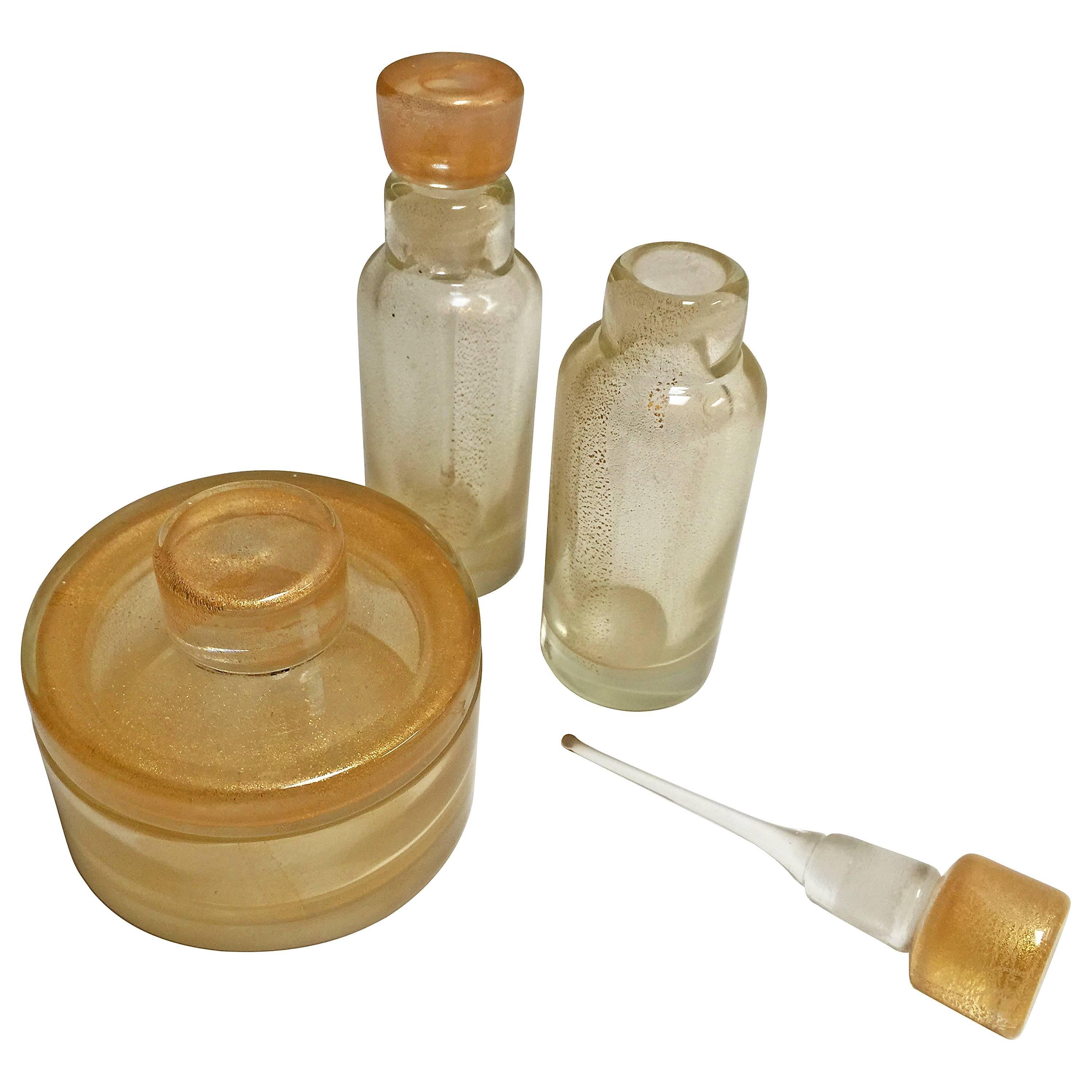 Heavy Murano Glass Perfume Bottle Vanity Set Gold, Venini, 1950s