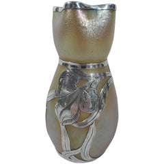 Alvin Art Nouveau Iridescent Glass Vase with Silver Overlay