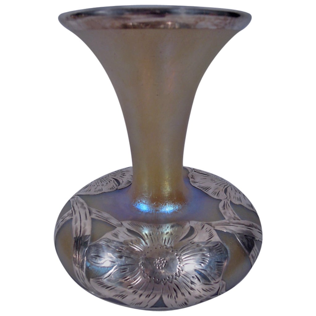 Art Nouveau Austrian Art Glass Vase in Green Iridescent and Gold Relief