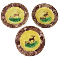 19th Century English Yellow Majolica Deers and Dogs Plates