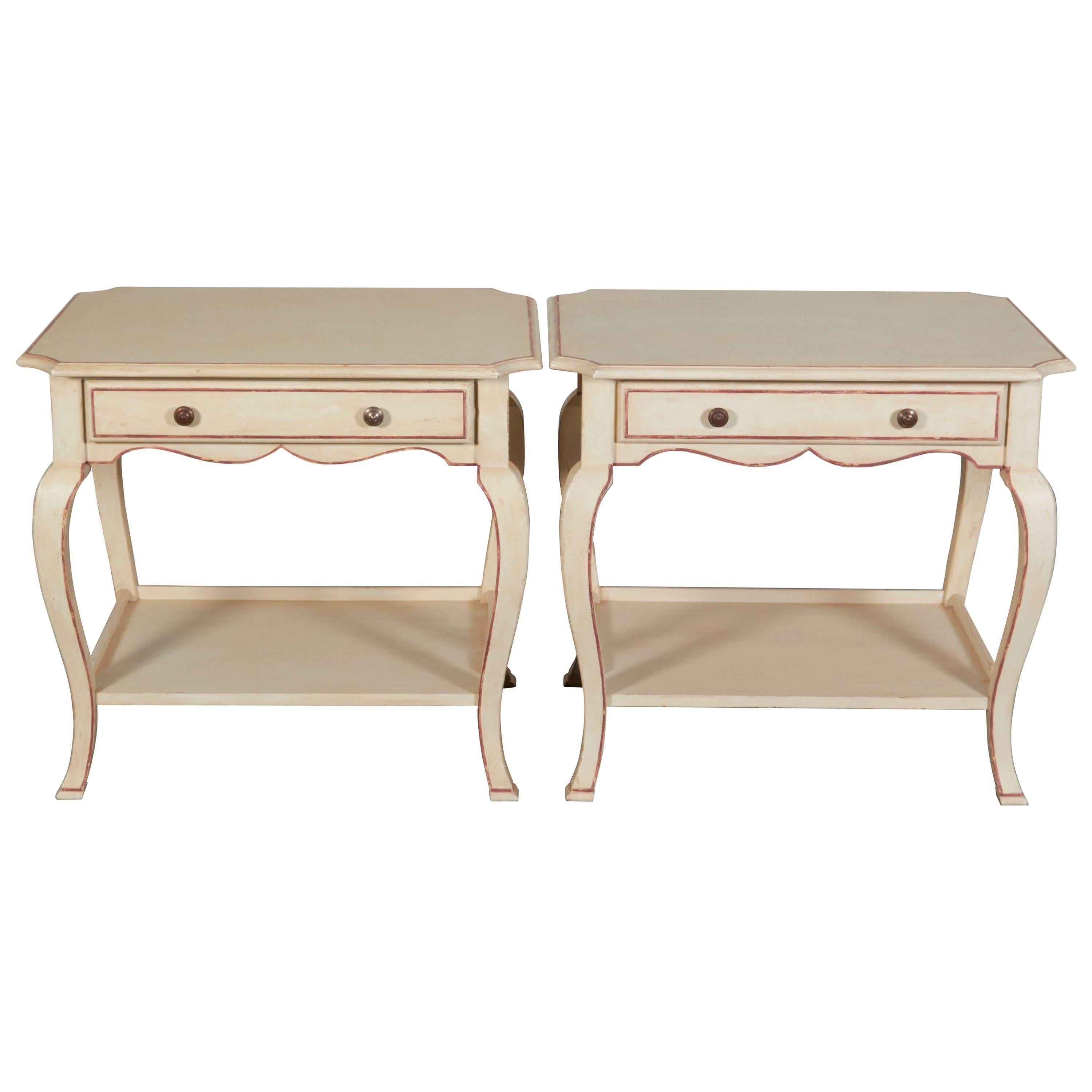 Pair of Louis XV Style Nightstands in Creamy White with Red Banding