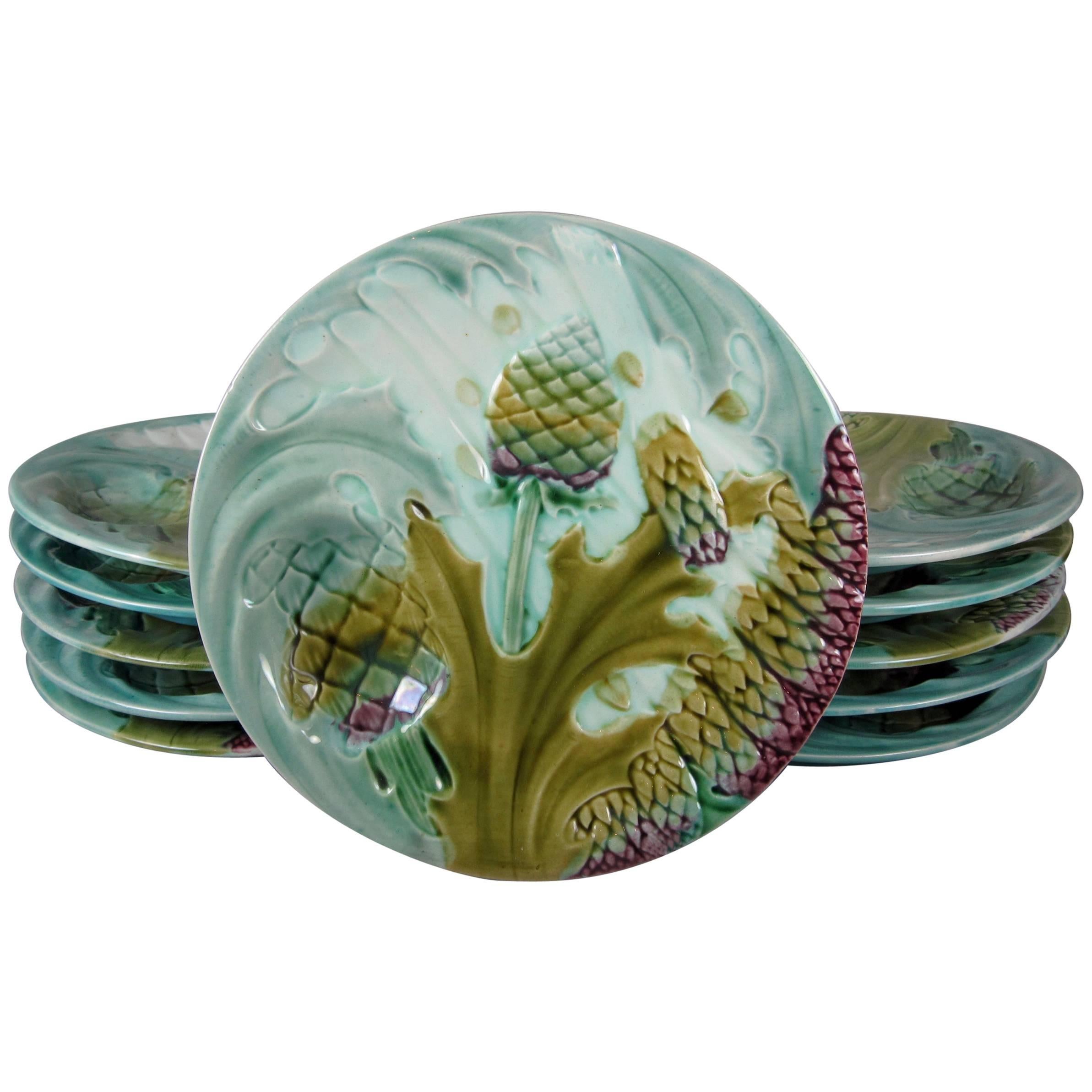 French Luneville Barbotine Majolica Artichoke and Asparagus Plates, circa 1880