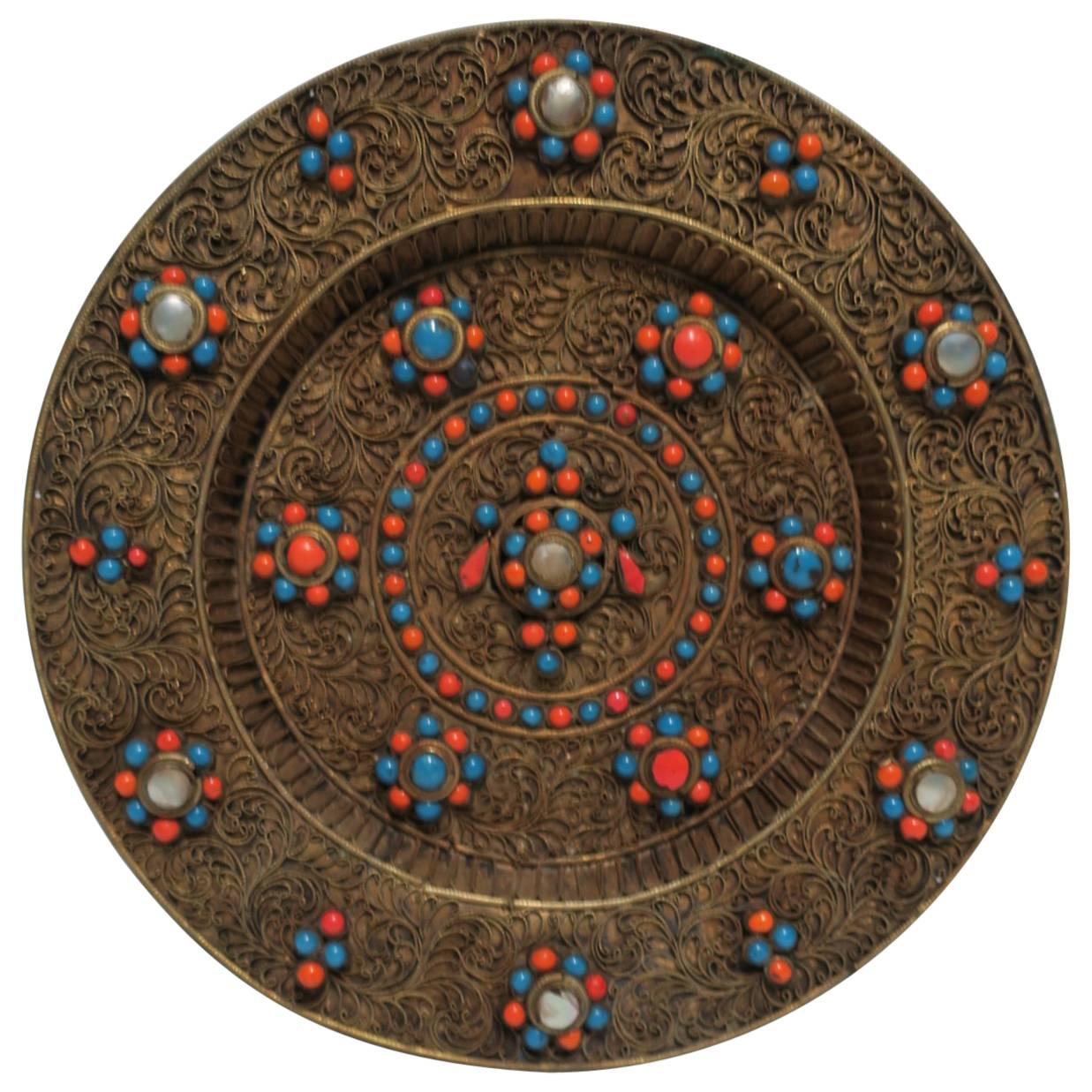 Brass and Mother of Pearl Decorative Wall Plate, Nepalese For Sale
