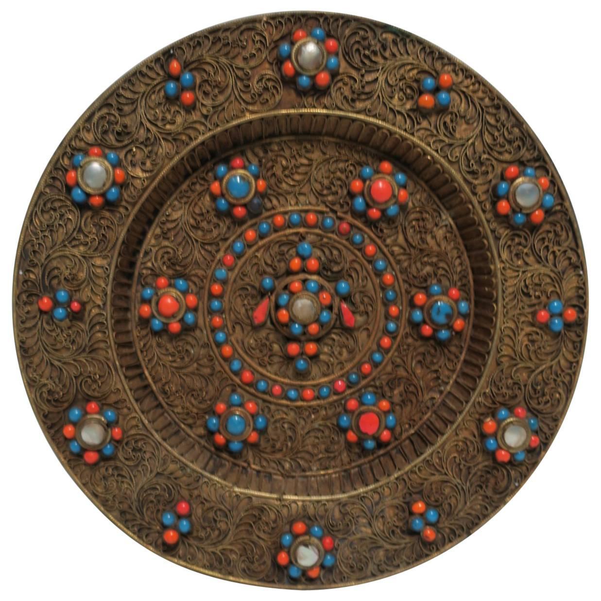 Antique Brass and Mother of Pearl Decorative Plate, Nepal For Sale at