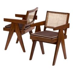 Pair of Pierre Jeanneret Armchairs in Teak and Cane for Chandigarh, 1950s