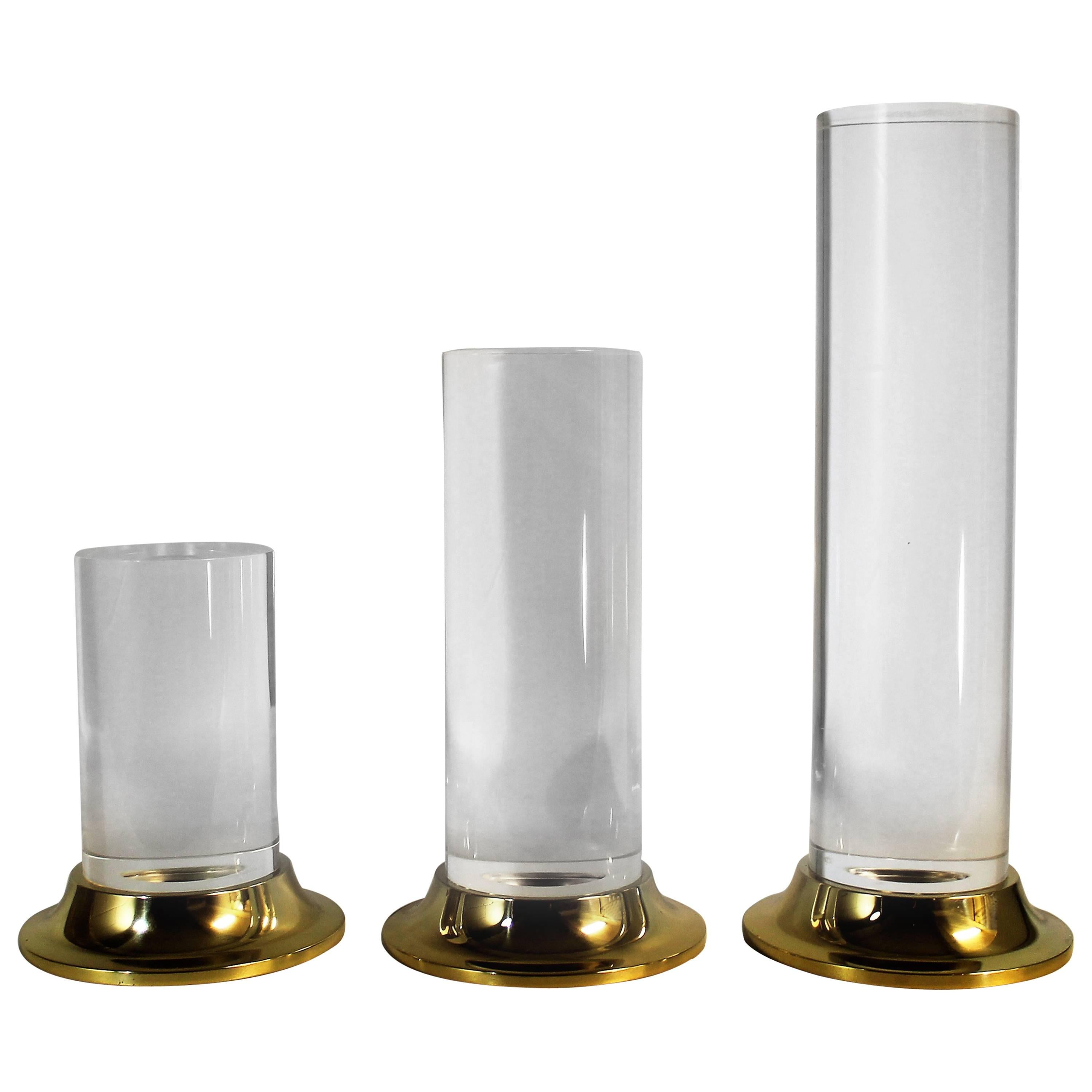 Set of Three Lucite and Brass Candlesticks or Candle Holders, Mid-Century Modern