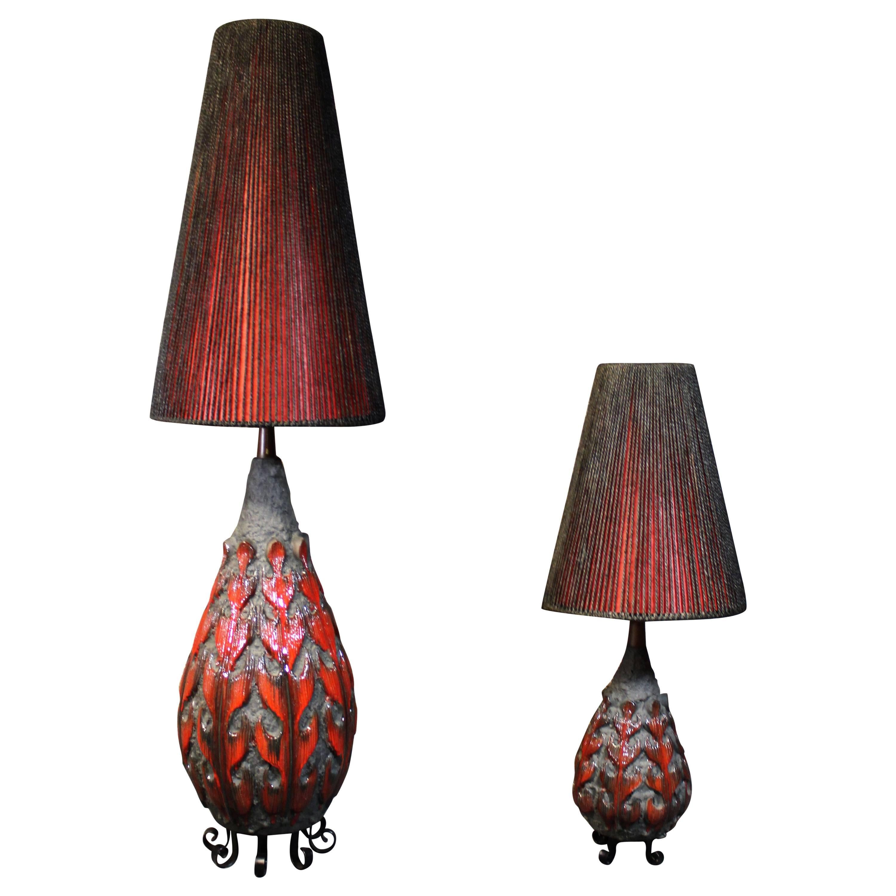 Fat Lava Art Pottery Matching Floor and Table Lamp, Mid-Century 