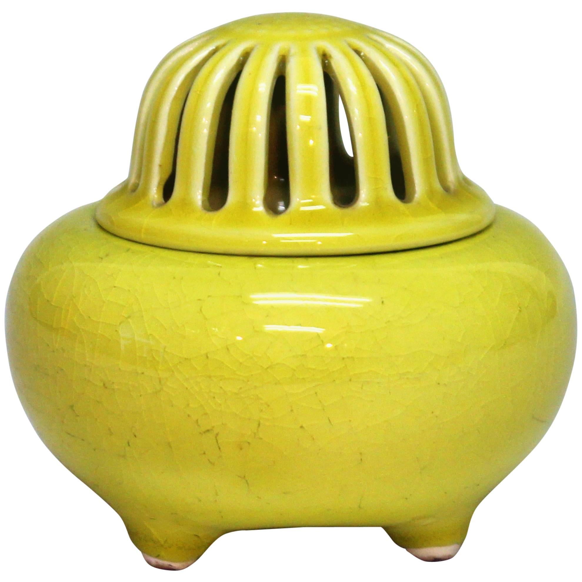 Japanese Kyoto Pottery Censor Incense Burner Atomic Yellow Crackle Glaze