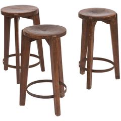 Set of Three Stools in Teak and Iron by Pierre Jeanneret for Chandigarh, 1965