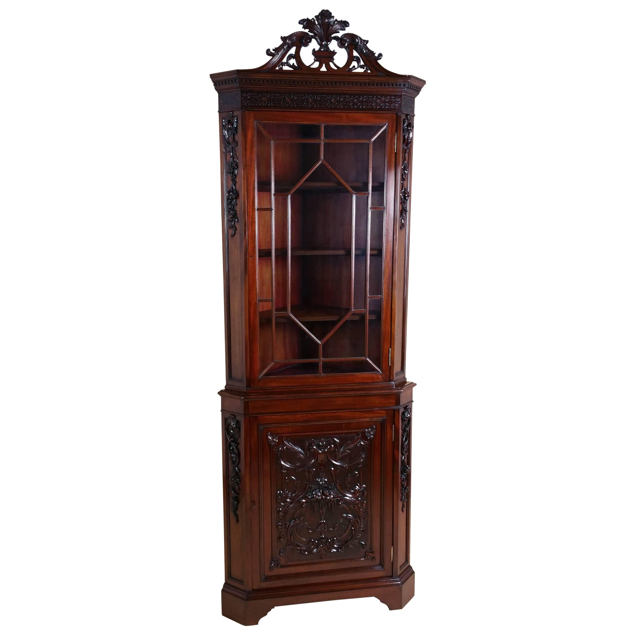 19th Century Carved Mahogany Chippendale Style Corner Cabinet, Edwards & Roberts