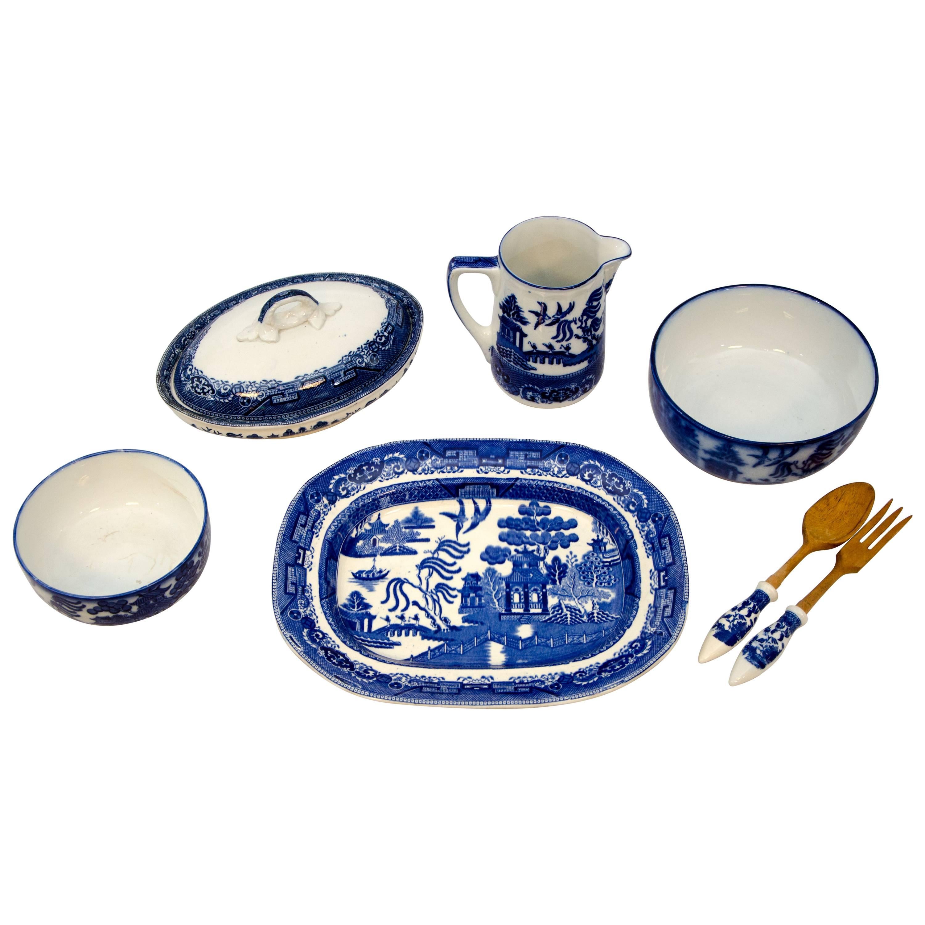 Eight-Piece Collection of English Blue Willow China Serving Pieces For Sale