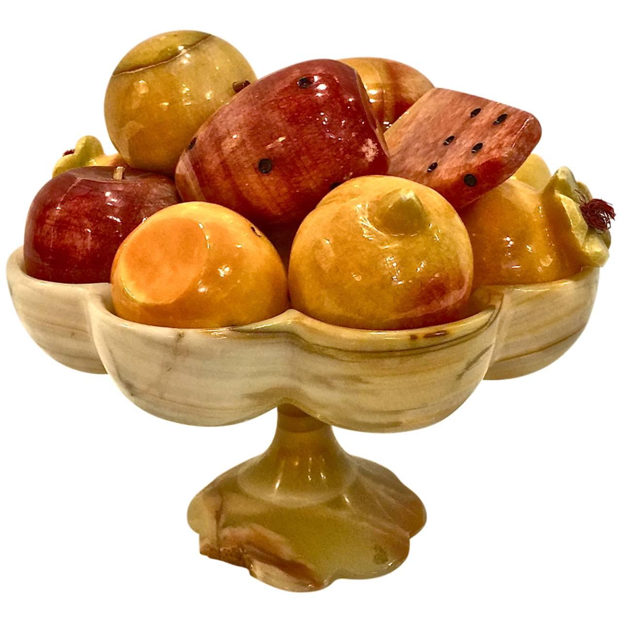 Exceptional Mexican Carved Onyx Fruits in Onyx Bowl