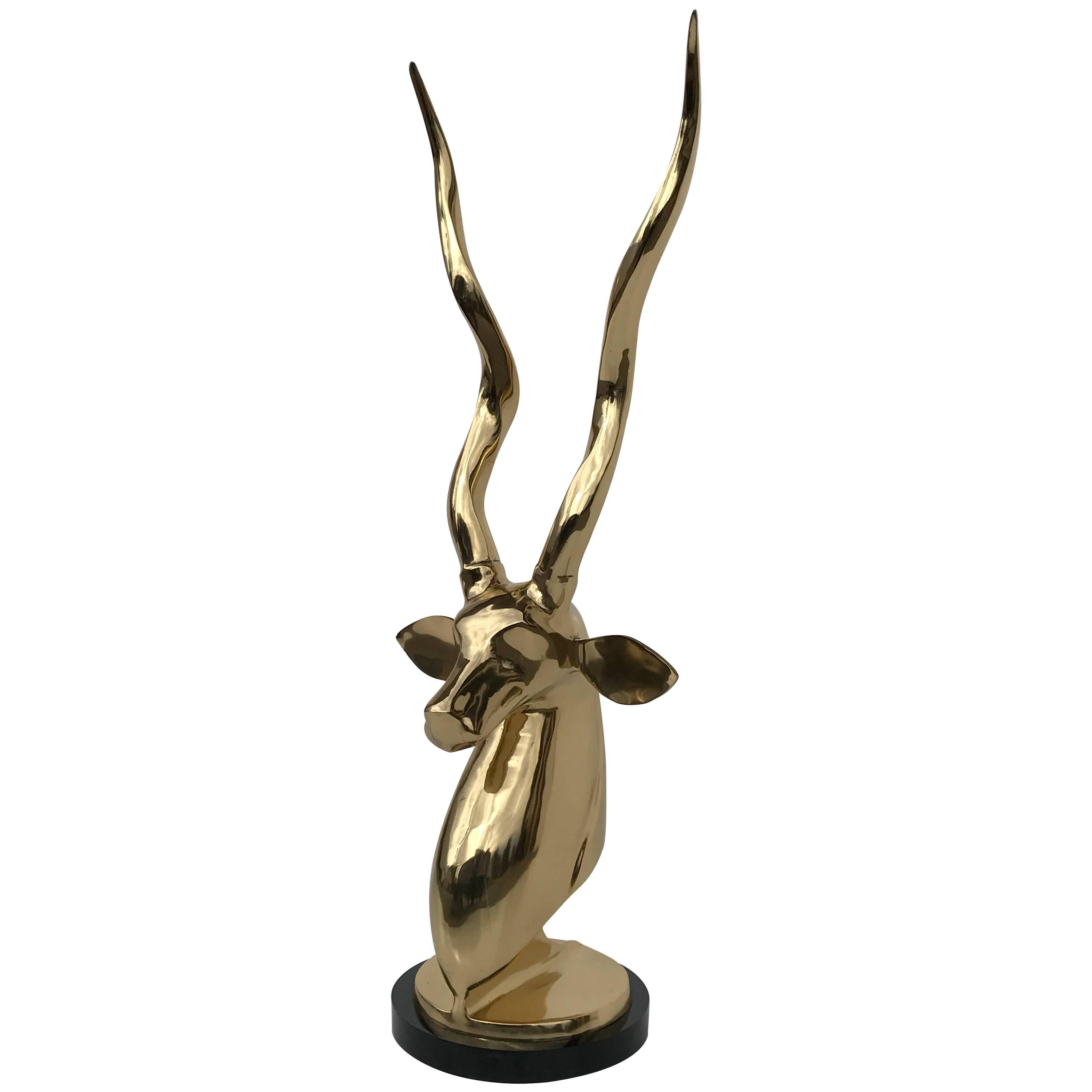 Polished Brass Kudu or Impala Sculpture Bust on Black Lucite Base