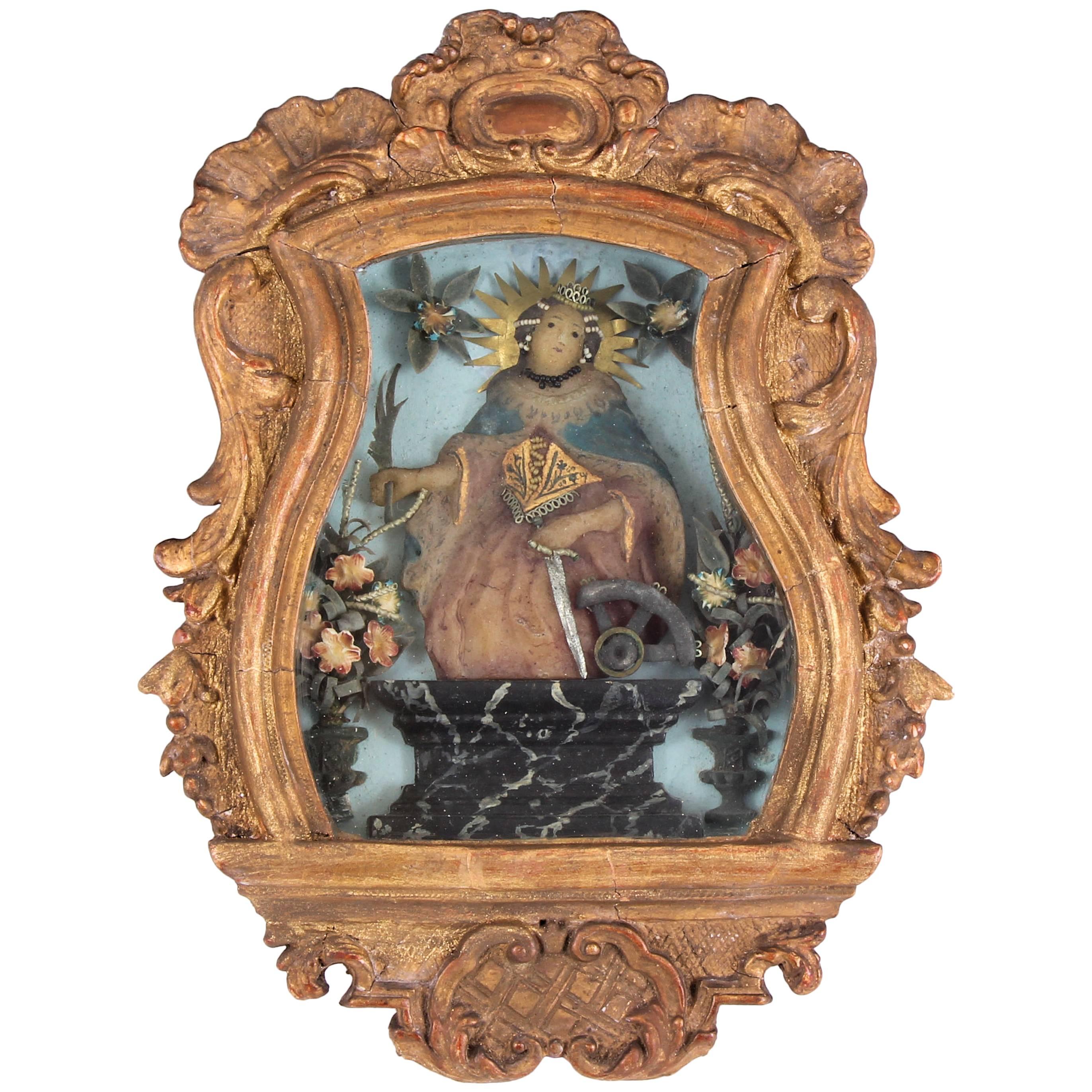 18th Century Icon, Wax Portrait Giltwood Frame