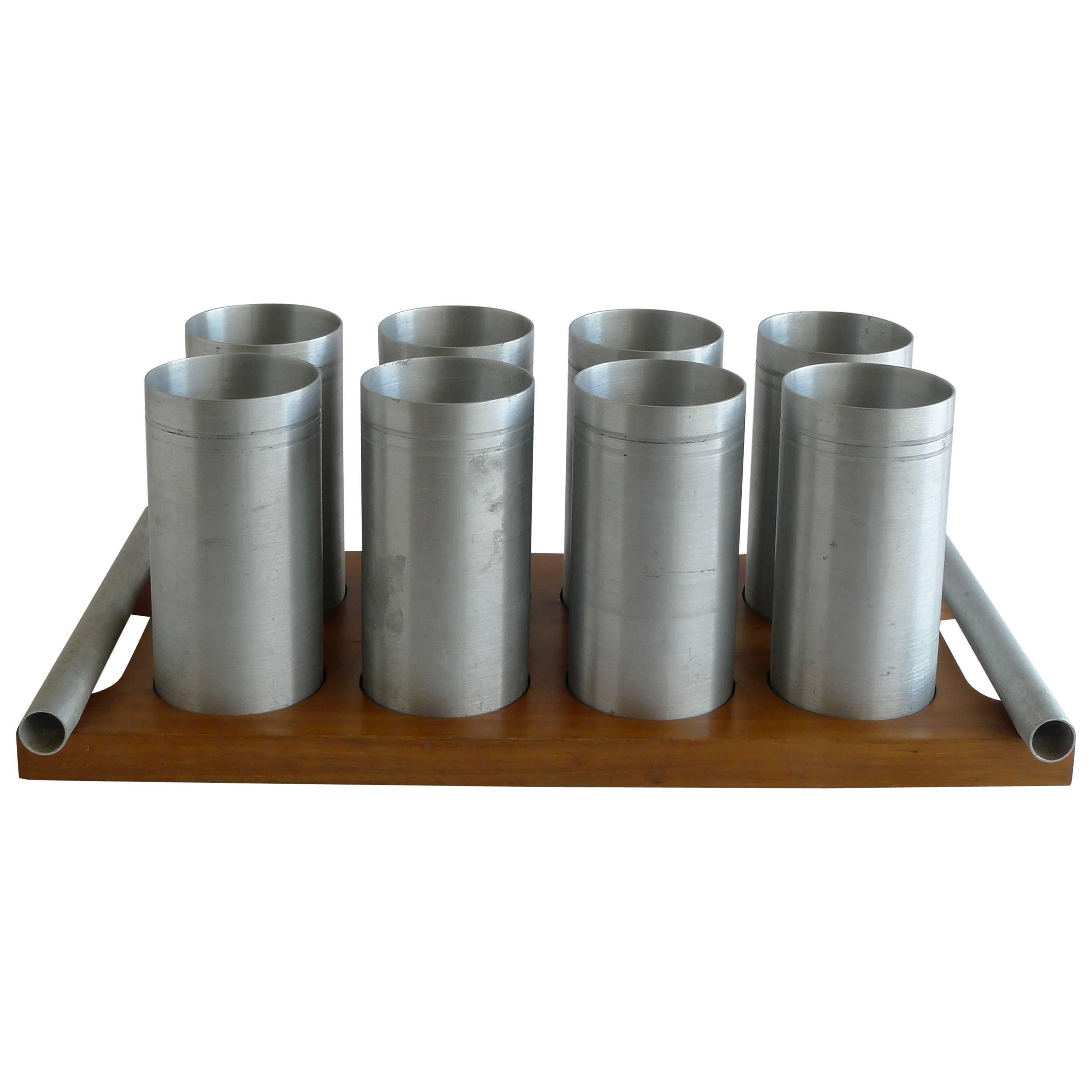 1940s Art Deco Wood and Satin Aluminium Cup Set For Sale