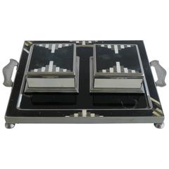 Enameled Art Deco Tray with Two Matching Boxes