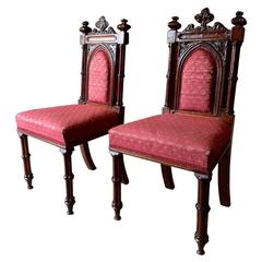 Antique Hall Chairs Gothic Style Pair Victorian Mahogany, 19th Century