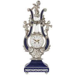 Louis XVI Style Silvered Bronze and Lapis Lazuli Lyre Shaped Mantel Clock 4