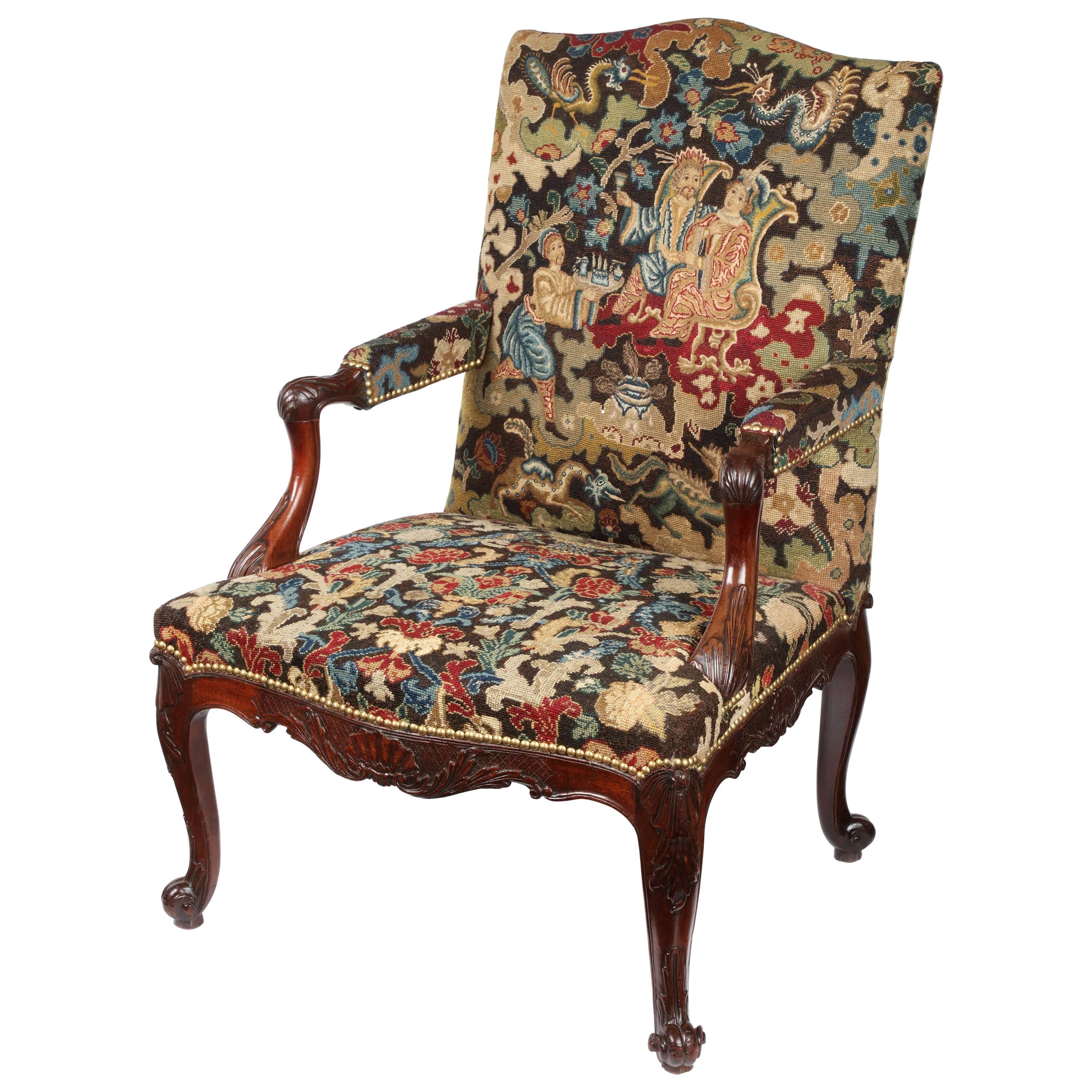 George II Carved Mahogany and Needlework Gainsborough Chair For Sale