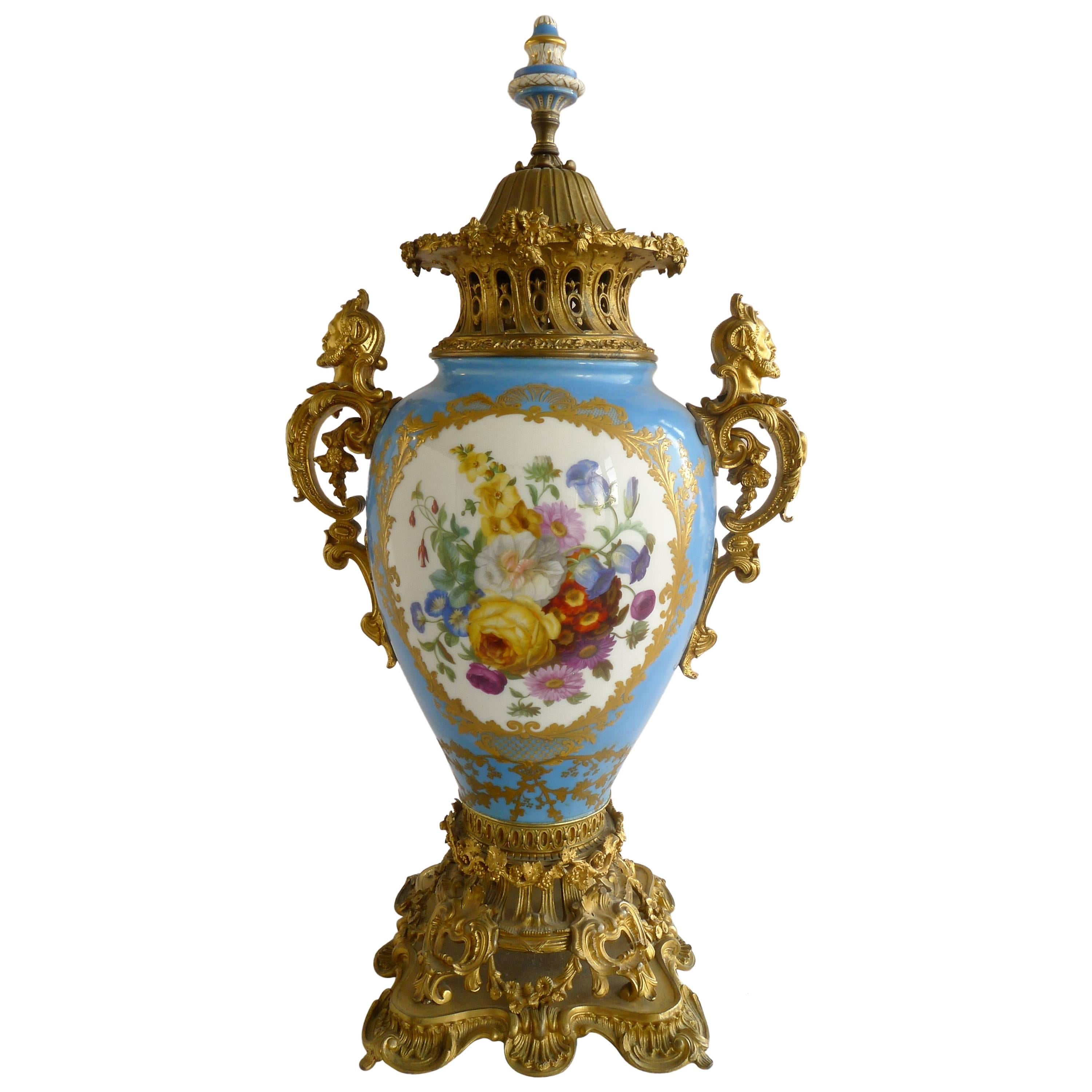 Sevres Palace Urn, in "Blue de Sevres" Background For Sale