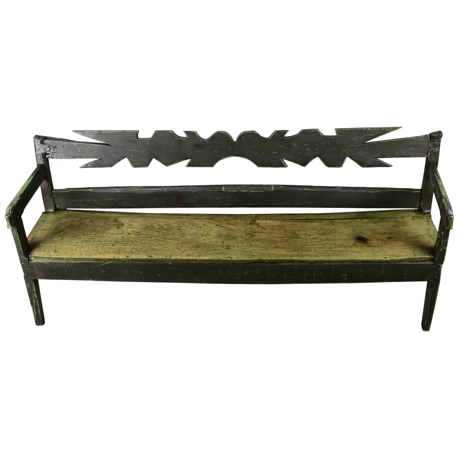 19th Century Primitive, Painted, Carpathian Mountains Bench with Zigzag Back For Sale
