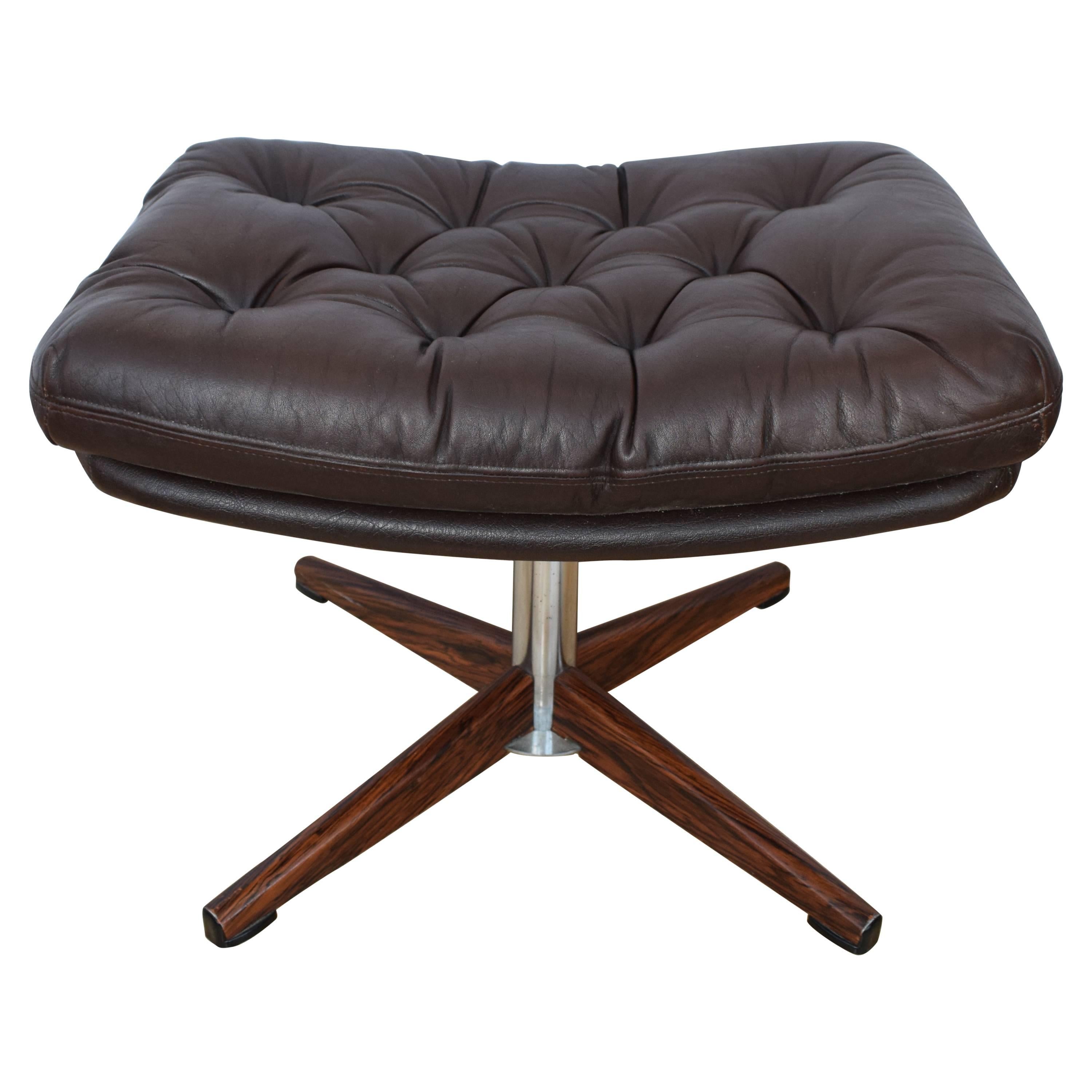 Mid-Century Retro Danish Brown Leather and Rosewood Swivel Foot Stool Ottoman