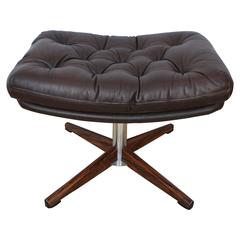 Mid-Century Retro Danish Brown Leather and Rosewood Swivel Foot Stool Ottoman