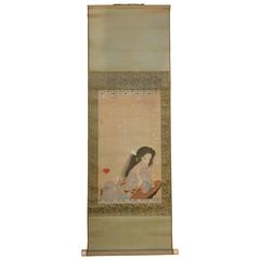 Antique Japan Hand-Painted Silk Scroll Art Deco Period Young Woman Drinking Sake or Tea