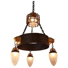 French Art & Crafts Iron and Bronze Chandelier