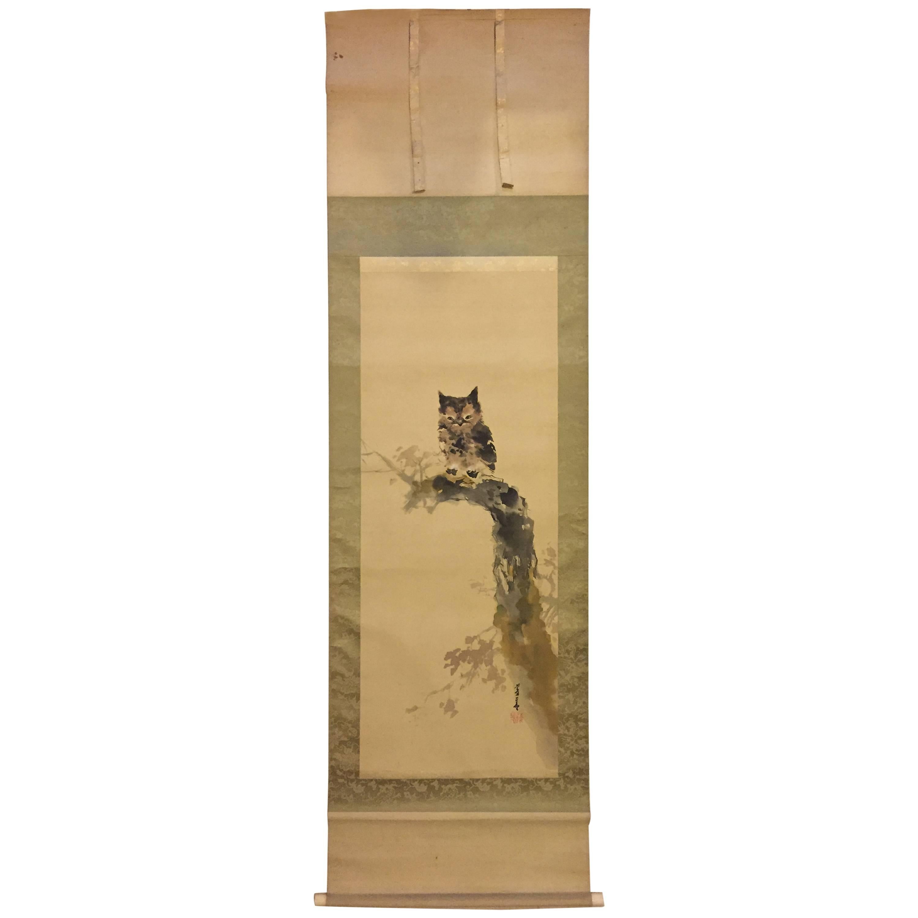 Japan OWL Hand-Painted Silk Scroll Signed Hashimoto Ryoka with Collector Box
