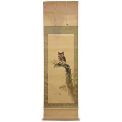 Retro Japan OWL Hand-Painted Silk Scroll Signed Hashimoto Ryoka with Collector Box