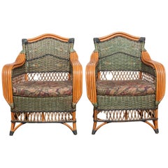 Pair of French Rattan Art Deco Lounge Chairs by Grange