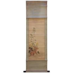 Antique Japan Hand Painting on Paper Scroll of a "Rabbit in Flowers" Signed