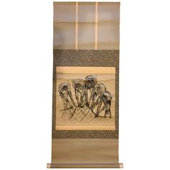 Retro Japanese "Net Fishermen"  Old Animated Hand-Painted Scroll 