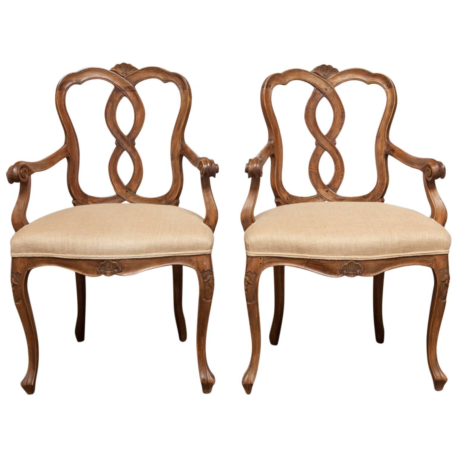 Pair of 19th Century Italian Venetian Walnut Rococo Style Armchairs