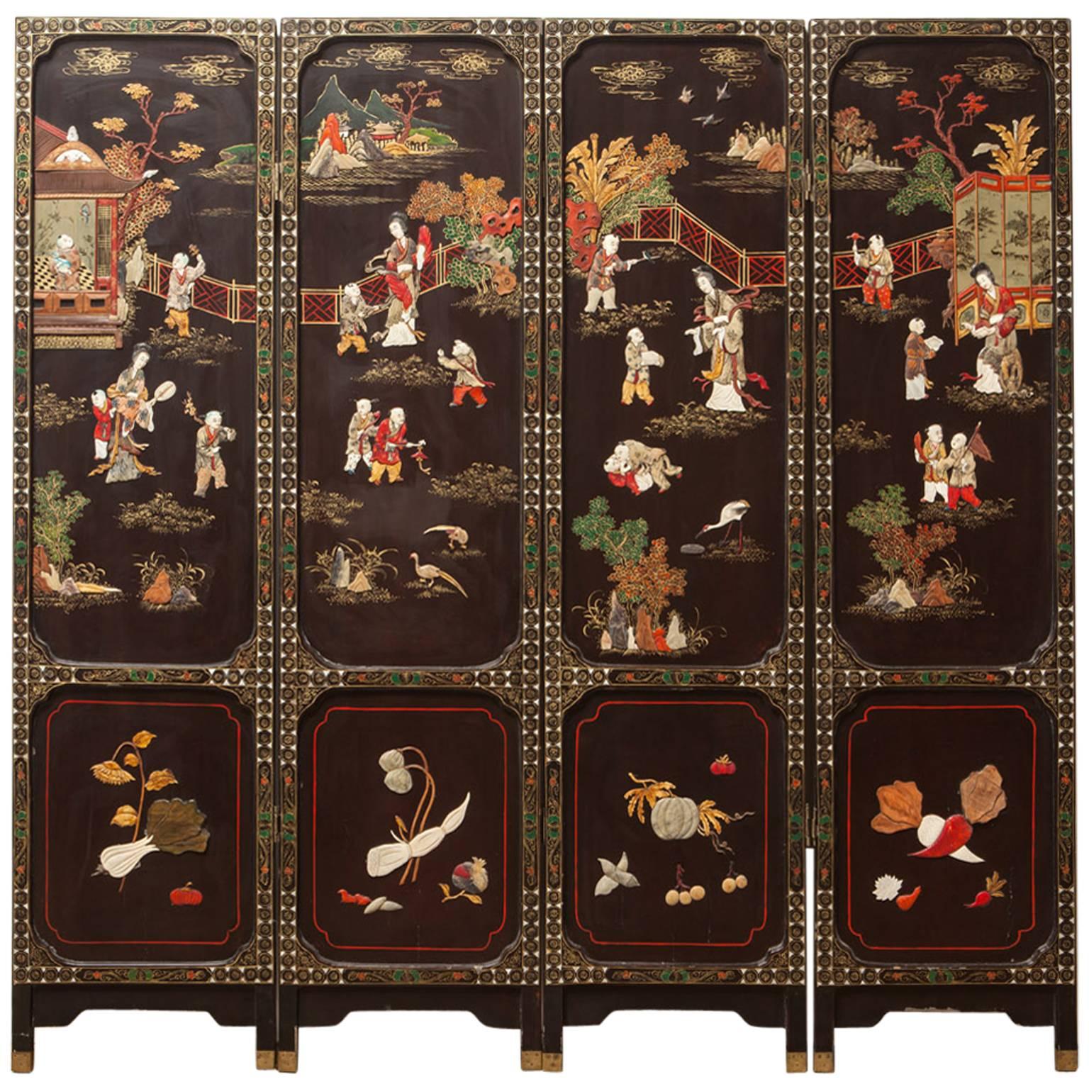 Four-Panel Chinese Lacquered Hard Stone Screen