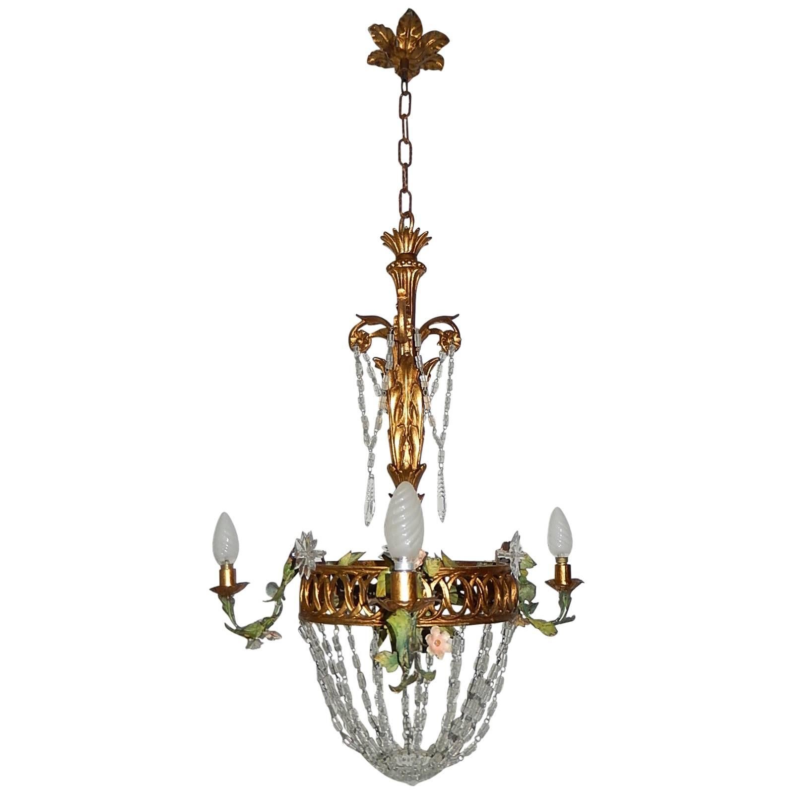French Giltwood Tole Flowers Crystal Prisms Chandelier