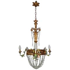 French Giltwood Tole Flowers Crystal Prisms Chandelier 5