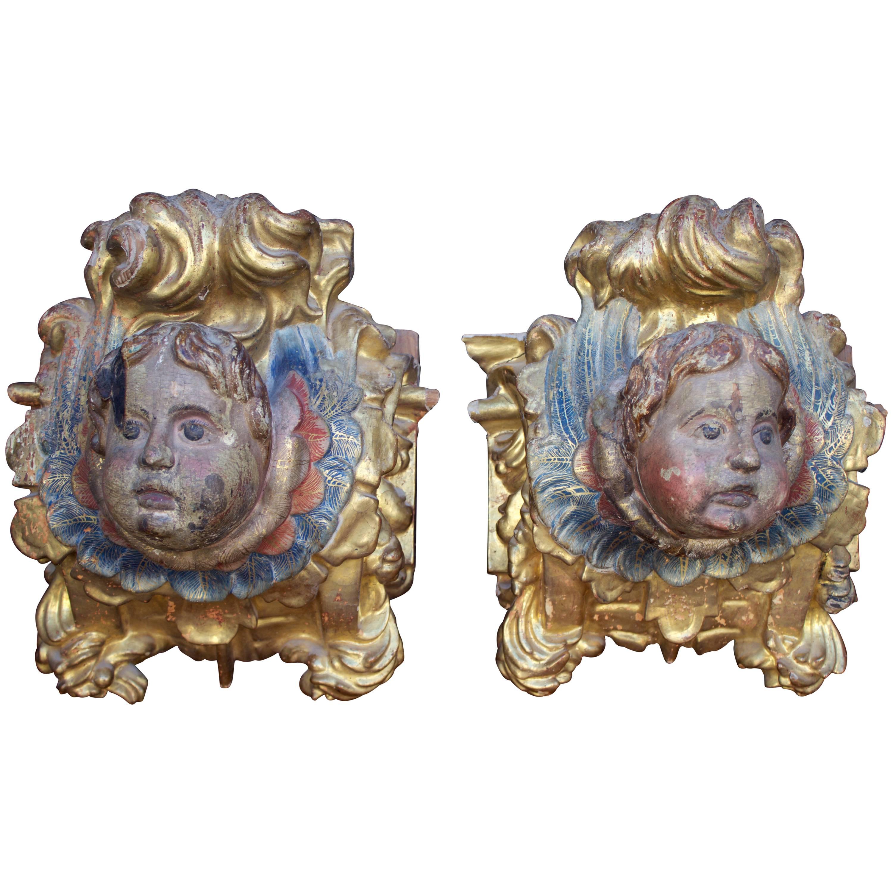 Pair of 17th Century Carved Polychrome and Giltwood Architectural Elements For Sale