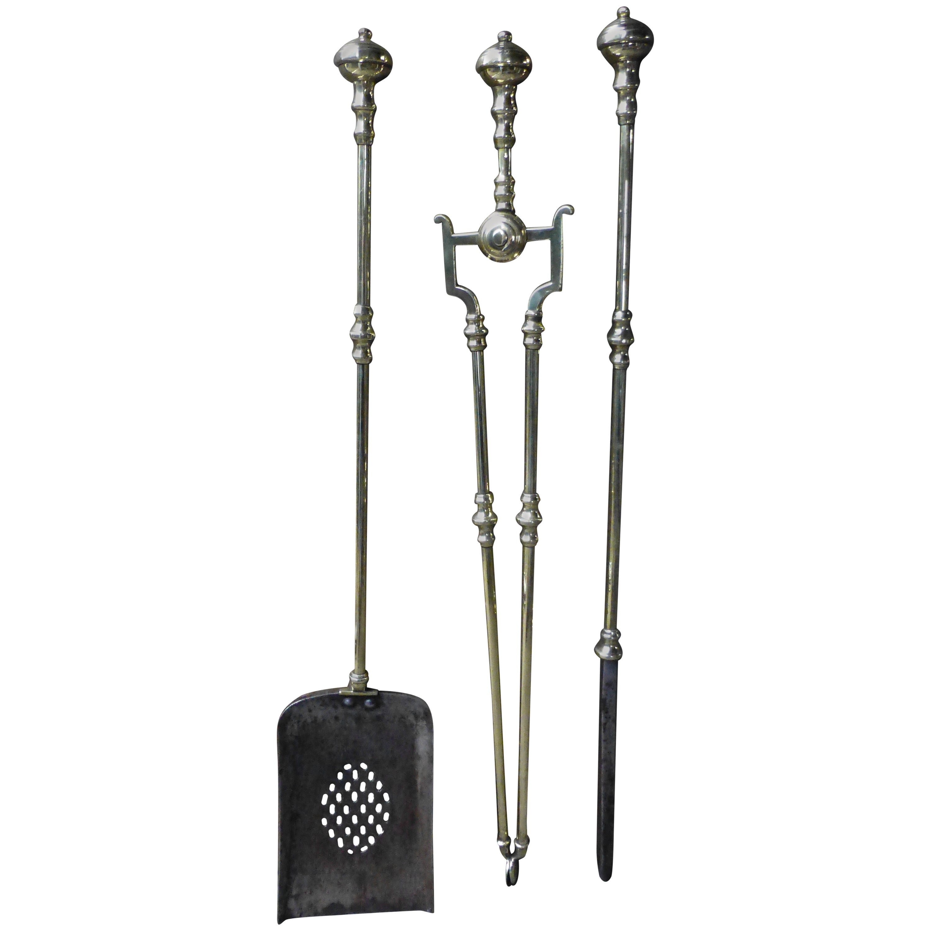 Antique Polished Brass French Napoleon III Fireplace Tools or Fire