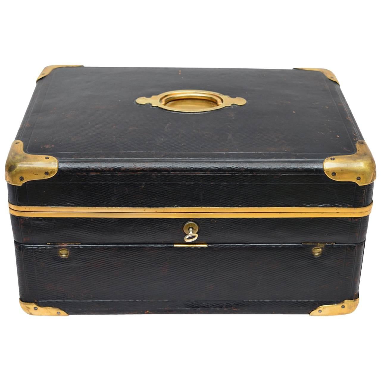 French Leather Box with Brass Mounts for Jewelry and Writing, circa 1900
