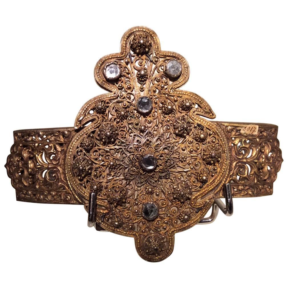Belt Buckle in Gold-Plated Metal, Filigree, Glass Cabochons, 19th Century For Sale